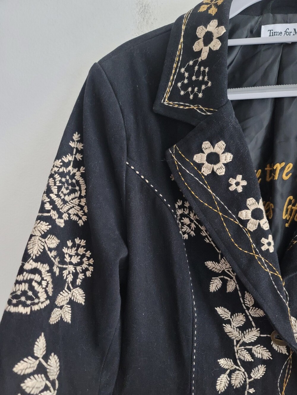 Floral Embroidered Boho Structured Coat Neutral Size Large 100% Cotton Black - Picture 3 of 12
